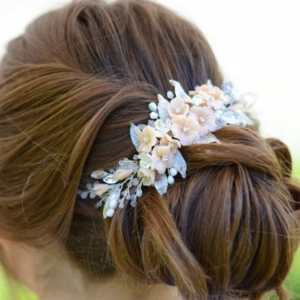 Bridal Hair Comb Peach Floral Sterling Silver